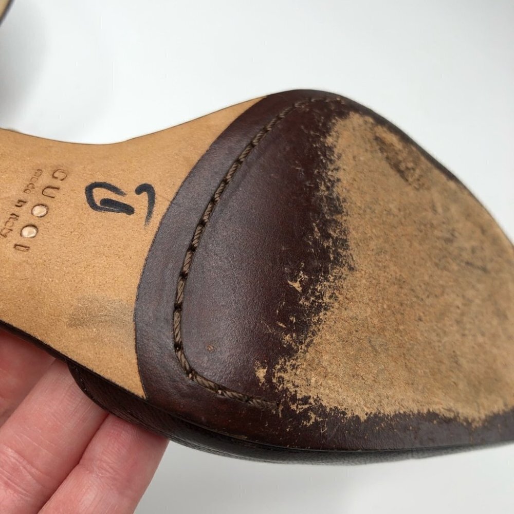 VINTAGE Gucci Leather Chocolate Brown Square Toe Slingback Designer Luxe Heels - Picture 15 of 16